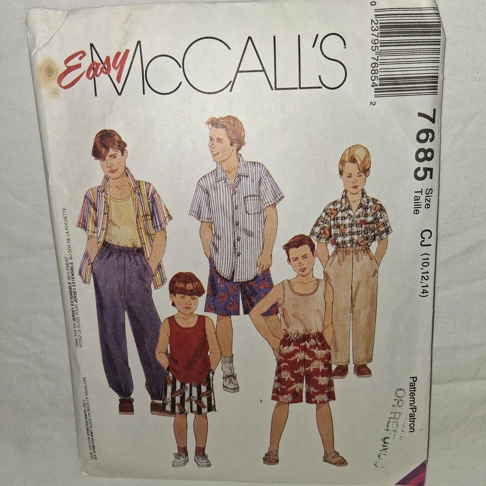 Easy McCalls Sewing Pattern 7685 Boys Tank Top Shirt Shorts‎ Pants Size CJ Cut